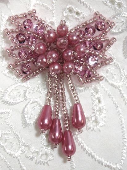 0036  Mauve Bow Sequin Beaded Applique 2.5\