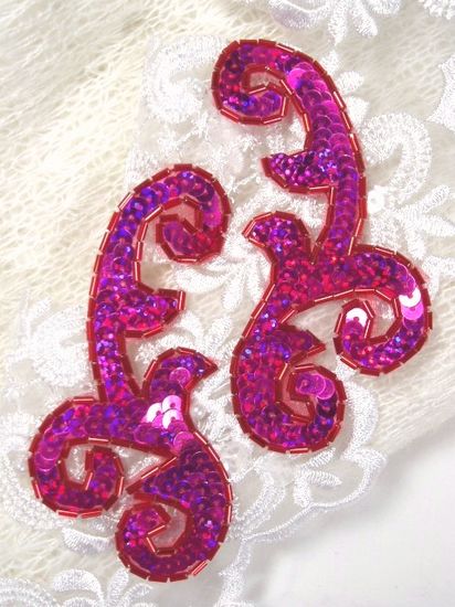 0050 Fuchsia  Mirror Pair Sequin Beaded Appliques 4\