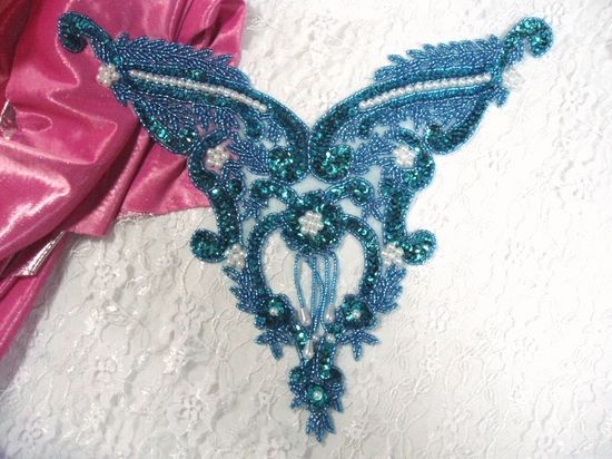 0055 Turquoise Pearl Bodice Beaded Sequin Applique 11
