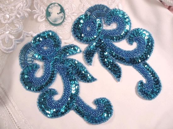 0069 Turquoise French Curl Sequin Beaded Appliques 6.5