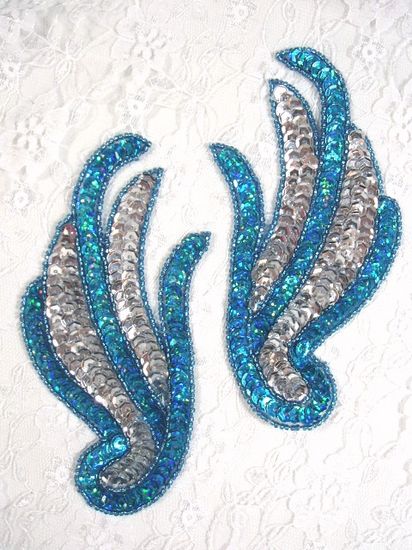 Turquoise & Silver Mirror Pair Sequin Beaded Appliques 5.5  0072X