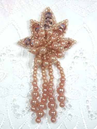 0073 Champagne Leaf Dangle 3 Sequin Beaded Applique