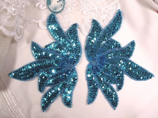 0079 Turquoise Sea Weed Mirror Pair Sequin Beaded Applique 6