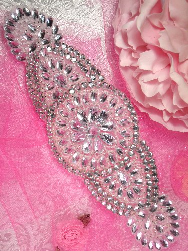 0088 Melissa Silver Beaded Crystal Rhinestone Applique 8.25