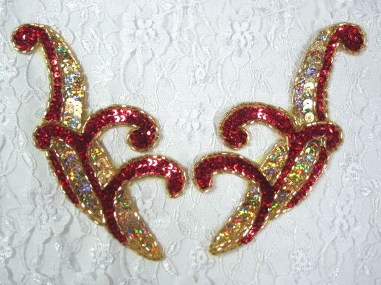 0097x  Red & Gold Holographic Appliques 5.5 Mirror Pair Sequin Beaded