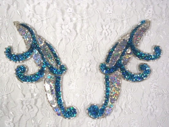 0097  Turquoise & Silver Mirror Pair Sequin Beaded Appliques 5.5