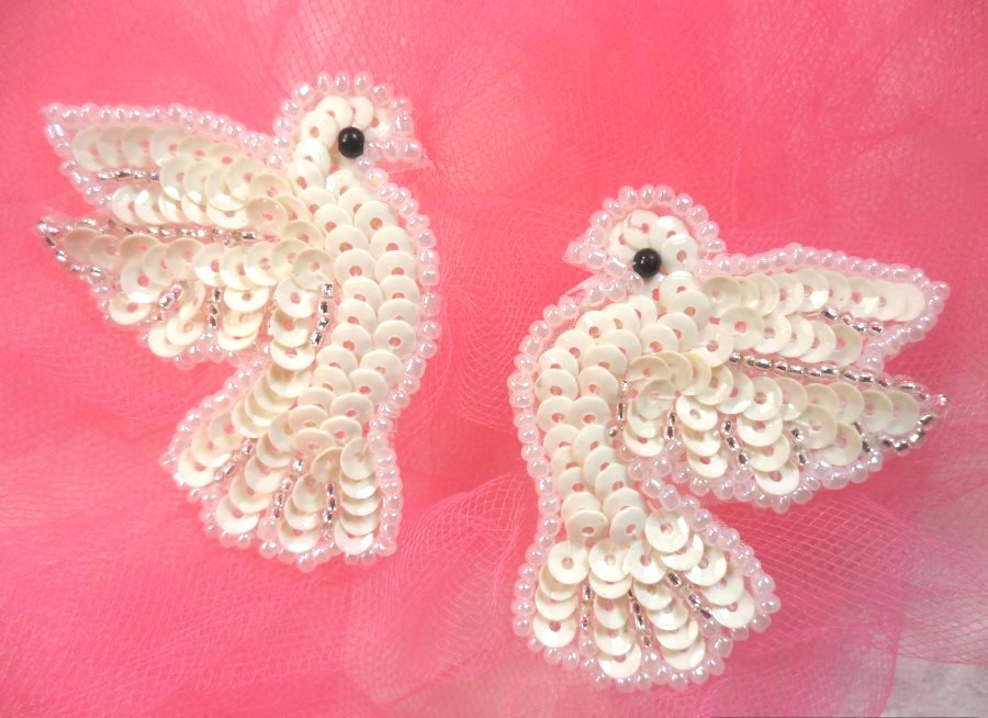 Sequin Beaded Off White Dove Applique Mirror Pair 2  (0100X)