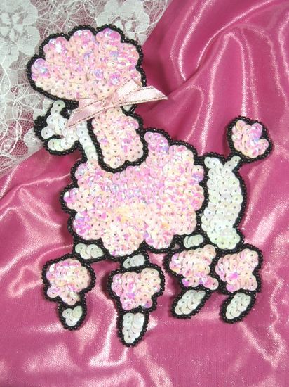 0105 White & Pink Poodle Beaded Sequin Applique 6