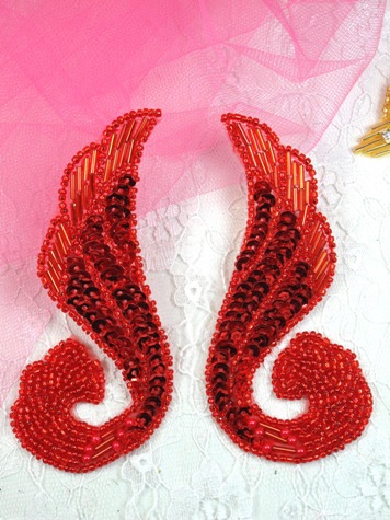 0123 Red Swirl Mirror Pair Sequin Beaded Appliques
