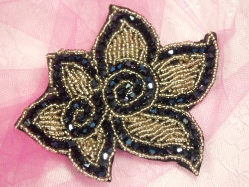 Black Glass Floral Gold Beaded  Applique 4.5 XR47