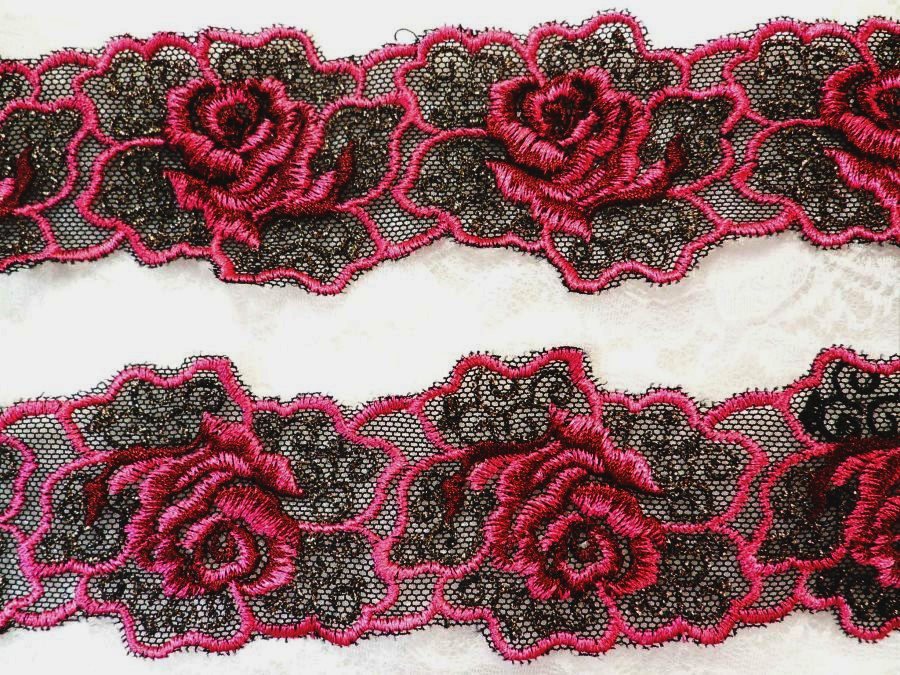Embroidered Lace Floral Trim Fuchsia Black 1.75 (BL113)