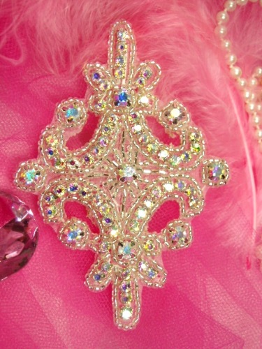 JB18 Aurora Borealis Iron on Hot Fix Silver Crystal AB Rhinestone Beaded  Applique 4