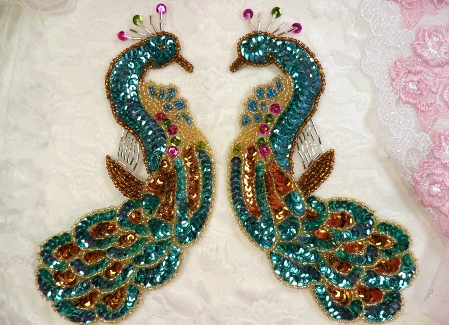 0167 ~ TURQUOISE PEACOCK PAIR SEQUIN BEADED APPLIQUES SEWING CRAFT MOTIFS PAIR 