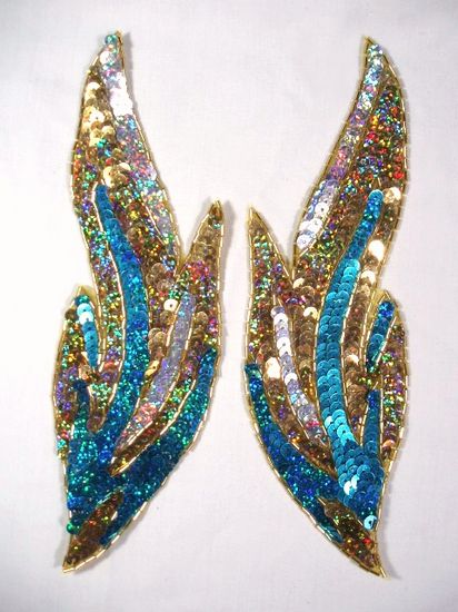 0173 Turquoise Flames of Fire Mirror Pair Sequin Beaded Appliques 9.5