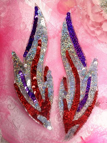 0173 Red Hat Flames of Fire Mirror Pair Beaded Sequin Appliques 9.5