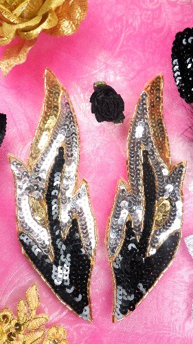 0173  Black Silver Gold Flame Mirror Pair Sequin Beaded Appliques 9