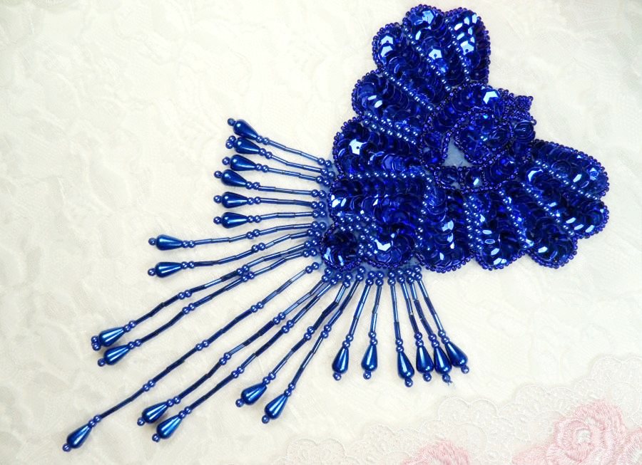 Epaulet Sequin Applique w/ long Dangle Accent Beads Royal Blue Sewing Patch 8 (0178)