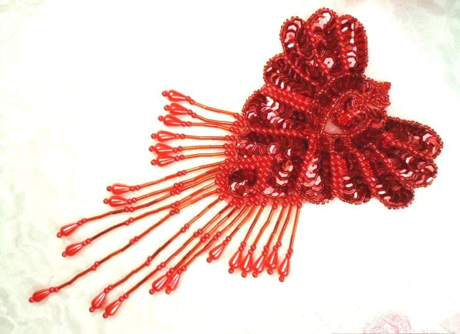 Epaulet Sequin Applique w/ long Dangle Accent Beads Red Sewing Patch 8 (0178)