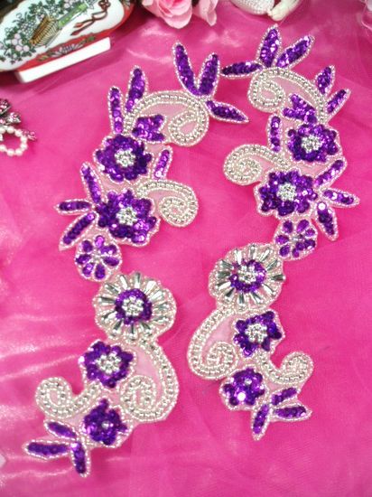 Purple and Silver Mirror Pair Sequin Beaded Appliques 0183
