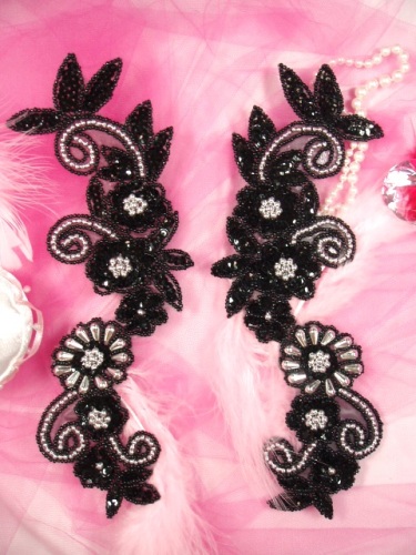 0183  Black Silver Mirror Pair Sequin Beaded Appliques