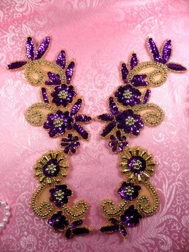 0183 Purple and Gold Mirror Pair Sequin Beaded Appliques 10