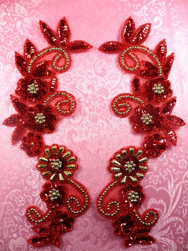 0183 Appliques Sequin Beaded Red Gold Mirror Pair  10