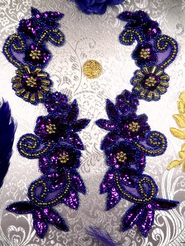 0183 Violet Purple and Gold Mirror Pair Sequin Beaded Appliques 10