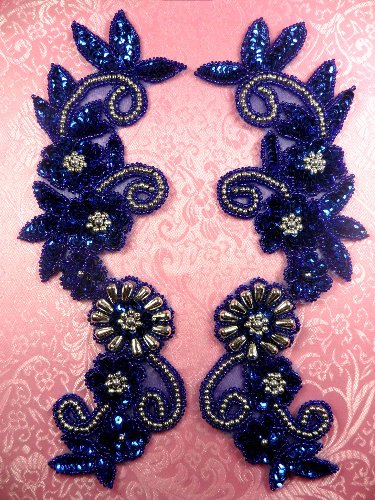 0183 Royal Blue Silver Mirror Pair Sequin Beaded Appliques 10