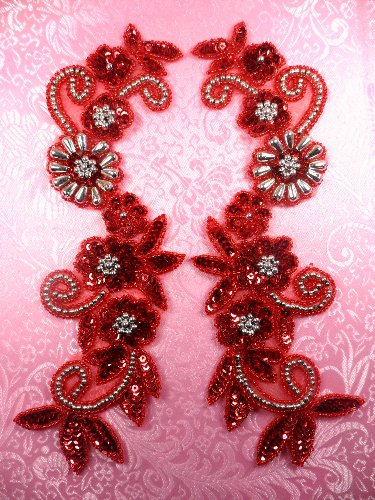 0183 Sequin Appliques Red Floral Beaded Silver Mirror Pair Dance Patch 10