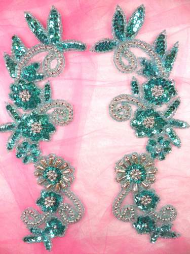 0183 Appliques Mirror Pair Sequin Beaded Aqua Silver 10