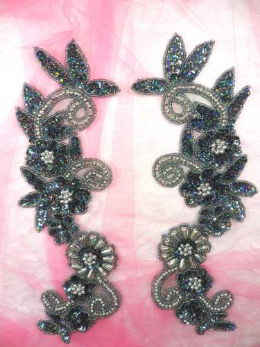 0183 Appliques Mirror Pair Sequin Beaded Gunmetal Holographic Silver 10