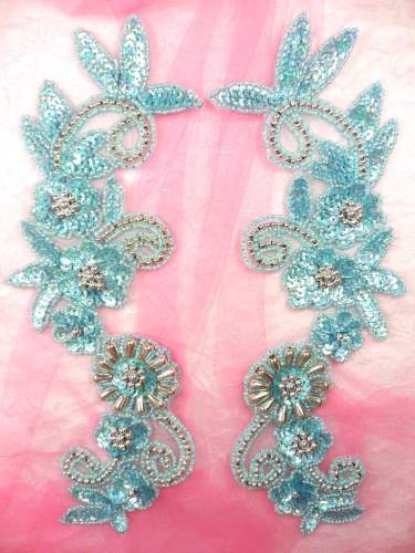 0183 Appliques Mirror Pair Sequin Beaded Misty Blue Holographic Silver 10