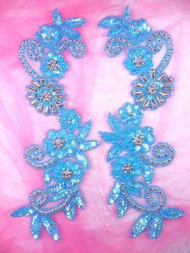 0183 Appliques Mirror Pair Sequin Beaded Crystal Turquoise AB Silver 10