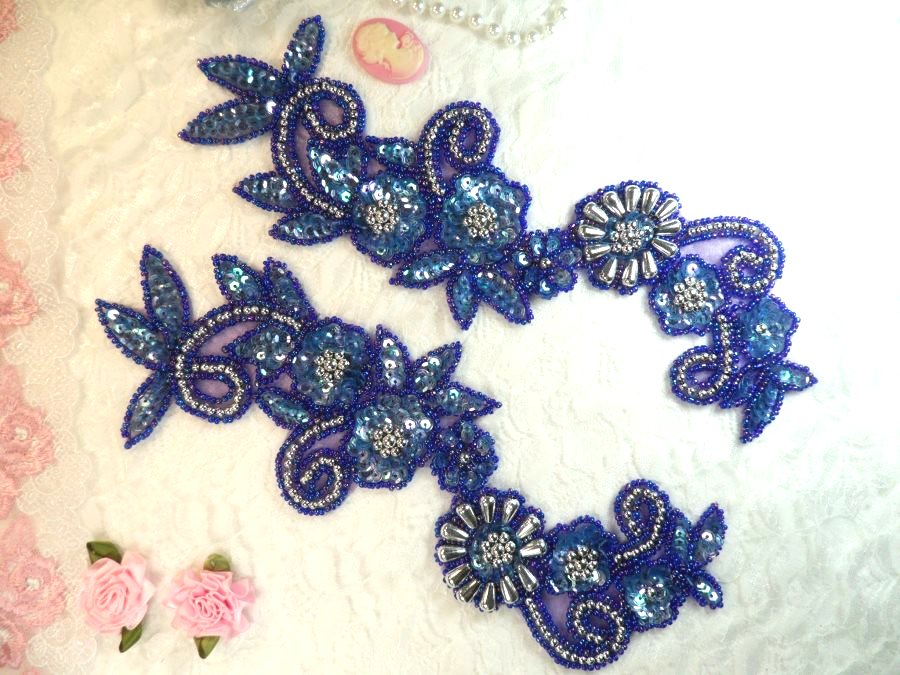 Appliques Sequin Beaded Blue Purple AB Mirror Pair Holographic Silver Accents 10 (0183X)