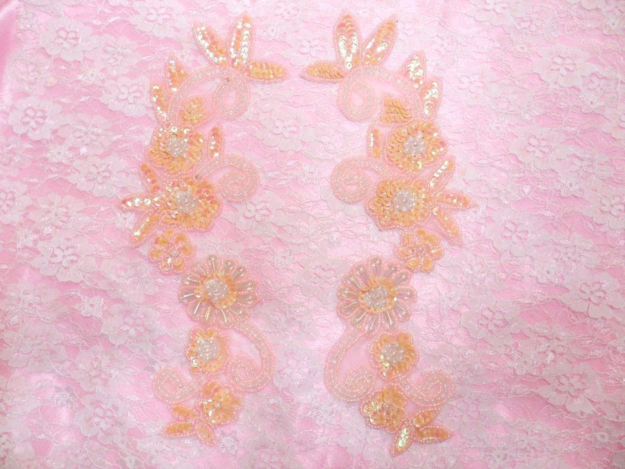 Mirror Pair Applique Crystal Peach Aurora Borealis Floral Sequin Beaded Patch 10 (0183X)