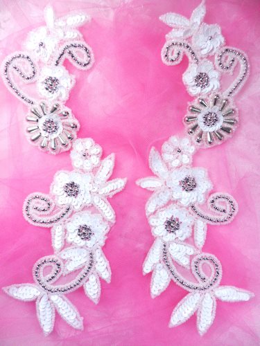 0183 White Sequin Mirror Pair Silver Beaded Floral Vine Appliques Motifs 10