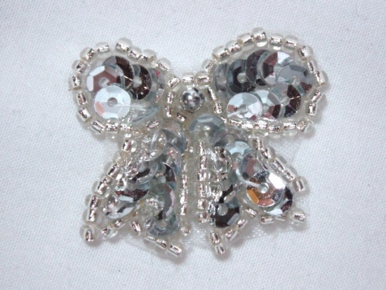 0185  Silver Bow Sequin Beaded Applique 1.25