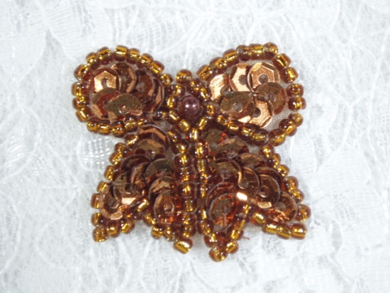 0185  Brown Bronze Bow Sequin Beaded Applique 1.25