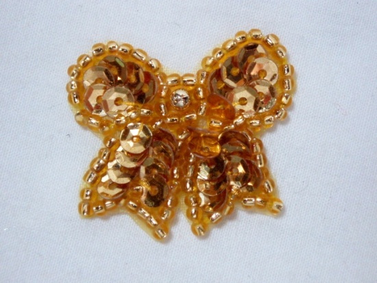 0185  Gold Bow Sequin Beaded Applique 1.25