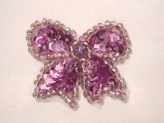 0185  Mauve Bow Sequin Beaded Applique 1.25