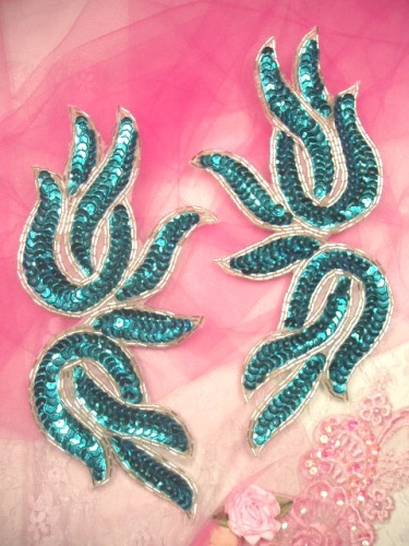 0202  Turquoise & Silver Mirror Pair Sequin Beaded Appliques 9