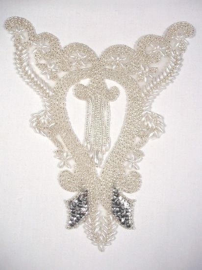 0203 Silver Pearl Dangle Bodice Beaded Sequin Applique 7.75