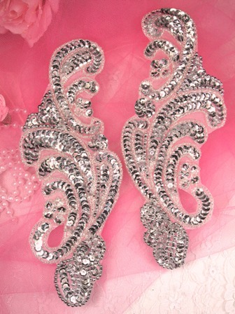 Silver Mirror Pair 8  Beaded Sequin Appliques 0207
