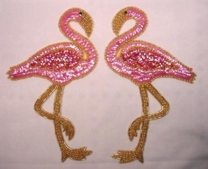 0219  Pink Flamingo Mirror Pair Sequin Beaded Appliques 7.75