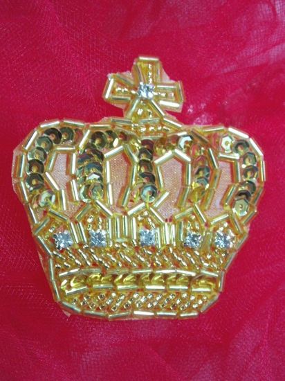 0222  Gold Rhinestone Crown Beaded Sequin Applique 2.5