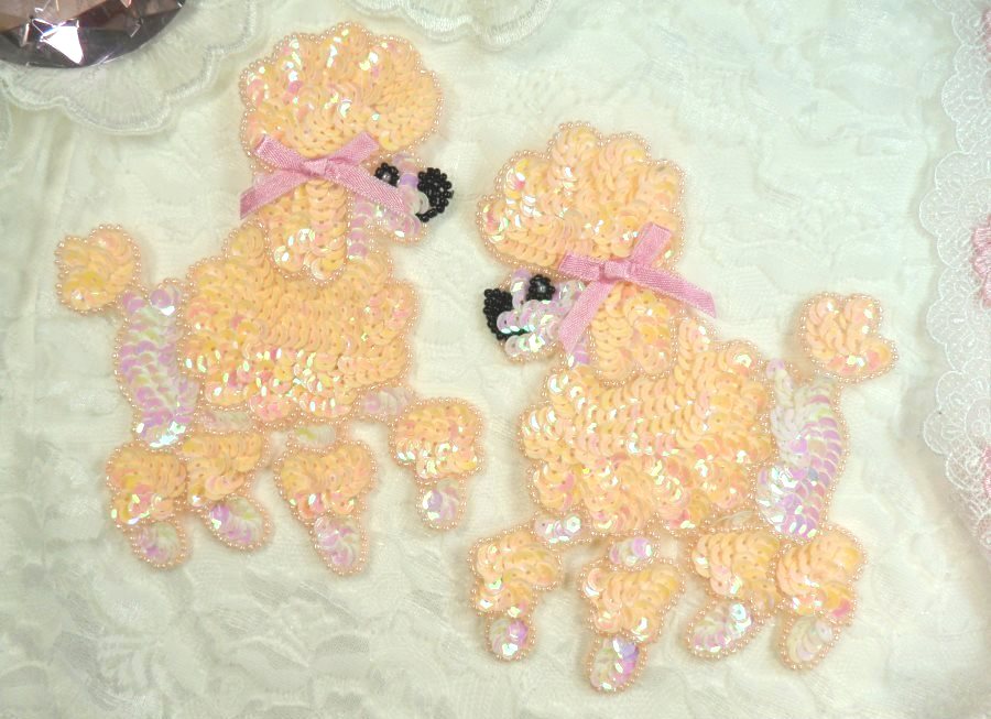 Peach Poodle Dog Appliques Mirror Pair Sequin w/ Beads (0226X)