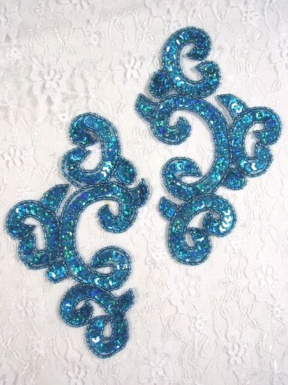 0242 Turquoise Mirror Pair Sequin Beaded Appliques 6\