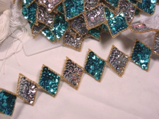 0271 Turquoise Diamond Sequin Beaded Applique or Trim