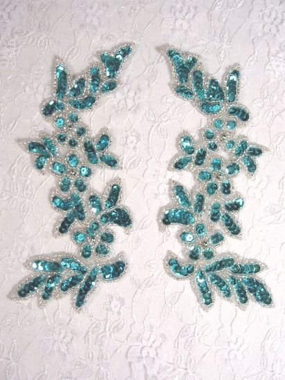 0279 Turquoise Mirror Pair Sequin Silver Beaded Appliques 6\