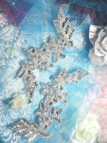 0279 Silver Floral Vine Mirror Pair Beaded Sequin Appliques 6\